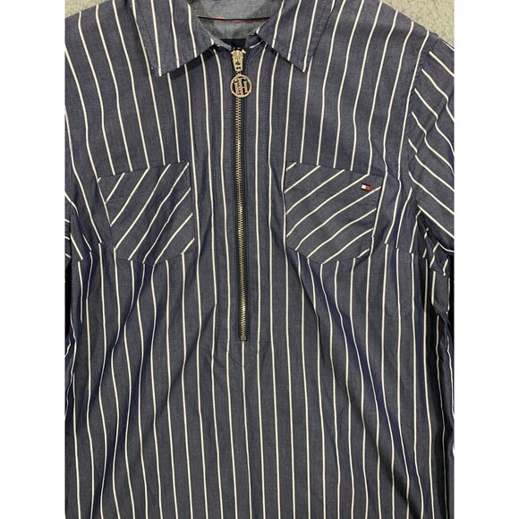 Tommy Hilfiger PM Blue & White Striped Deep V-Neck Half-Zip Long Sleeve Shirt - Picture 3 of 15
